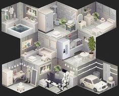 an aerial view of a house with all the appliances and furniture in it, including a car