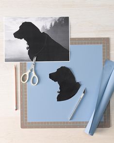 a pair of scissors sitting on top of a clipboard next to pictures and pens