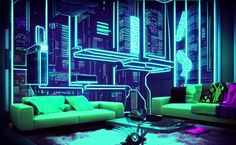 a living room filled with furniture and neon lights