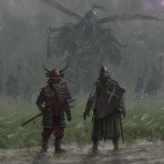 two men in armor walking through a field with giant demonic creatures behind them on a foggy day