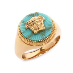 This Ring Is Crafted Of Goldtone Metal With A Stone Pendant That Is Adorned With A Signature Versace Medusa Head Motif. Goldtone Metal Made In Italy Medusa Ring, Bold Clothing, Medusa Pendant, Versace Ring, Versace Bracelet, Versace Gold, Western Buckles, Tie Necklace, Pendant Ring