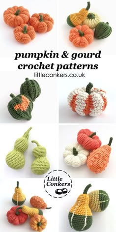 crocheted pumpkins and gourds are shown in different colors, sizes and shapes