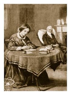 an old photo of two people sitting at a table with books and papers in front of them