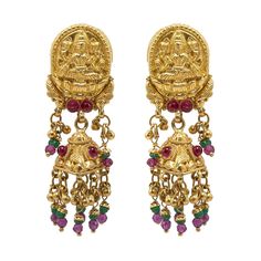 22K Yellow Gold JhumkiDrop Earrings W/ Rubies, Emeralds, Laxmi Pendant & Beaded tassels - Virani Jewelers Festival Earrings, Hanging Beads, Jhumki Earrings, Beaded Tassels, Online Earrings, 22k Gold, Tassels, Ruby, Emerald