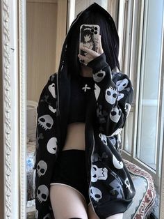 Stay warm and stylish with the AltGoth Skull Zip Up Hoodie! This cozy hoodie features vintage gothic graphics with cute chibi skull heads designed for a stylish and classic look. Made with lightweight fabric, you can rock this hoodie to express your unique style. Get the perfect fit by sizing up for a more oversized fit. Black Zip Up Hoodies, Aesthetic Clothes Grunge, Goth Hoodie, Harajuku Grunge, Goth Harajuku, Gothic Harajuku, Harajuku Punk