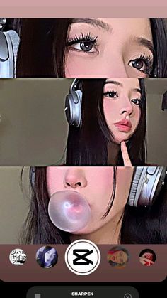 the girl with headphones is blowing bubbles