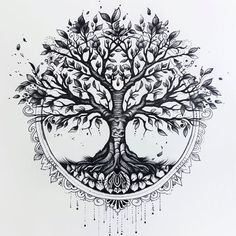 a black and white drawing of a tree with lots of leaves on it's branches