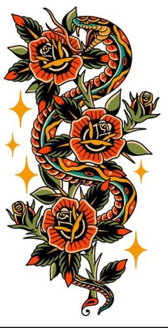 a snake and flowers tattoo design on a white background