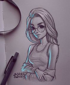 a drawing of a girl with glasses on her face and the caption above it