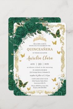 a green and gold quinceauera party card with roses, leaves and butterflies