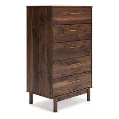 the chest of drawers is made out of wood and has brass pulls on each drawer