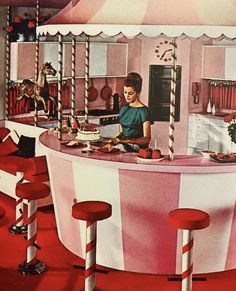 60s House, Kindergarten Interior, Vintage Carousel, Vintage Kitchens, Kitschy Kitchen, Deco Retro, Pink Kitchen, Vintage Interiors, World's Fair