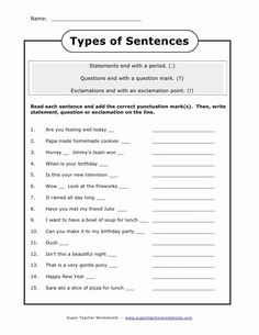 the types of sentences worksheet is shown in this image, it shows