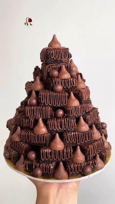 a hand holding a plate with a chocolate pyramid cake on it's side,