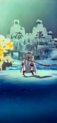 an anime scene with a man holding a stick in the water and buildings behind him