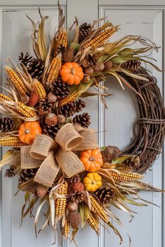 a wreath with pumpkins, corn and pine cones is hanging on the front door