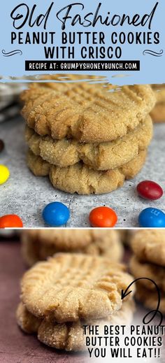 peanut butter cookies are stacked on top of each other