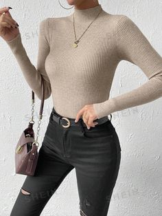 Style:Casual \nNeckline:Stand Collar \nSleeve Type:Regular Sleeve \nDetails:Rib-Knit \nType:Basic Tops \nColor:Apricot \nPattern Type:Plain \nSleeve Length:Long Sleeve \nLength:Regular \nTemperature:Spring/Fall (18-25℃/63-77℉) \nFit Type:Slim Fit \nFabric:Medium Stretch \nMaterial:Fabric \nComposition:50% Viscose \nComposition:28% Polyester \nComposition:22% Polyamide \nCare Instructions:Hand wash or professional dry clean \nSheer:No \n Womens Basic Tops, Slim Sweater, Pullover Outfit, Women Sweaters, Ribbed Knit Sweater, Knitting Women Sweater, Mock Neck Sweater, Basic Tops, Ribbed Sweater