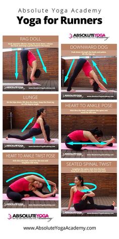 a woman doing yoga poses with the instructions for her to do it in different positions