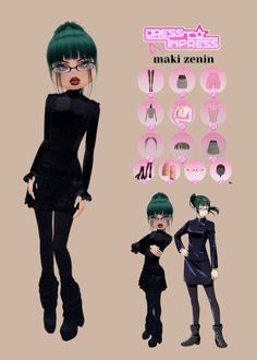 an anime character with green hair and black clothes, standing next to another character wearing glasses