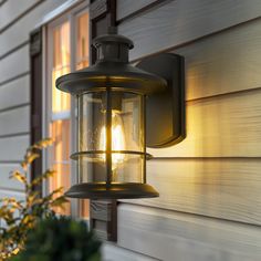 a light that is on the side of a house next to a plant and window