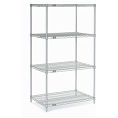 chrome wire shelving unit with four shelves on each side and one shelf below it