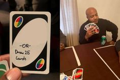 a man sitting at a table with some cards in front of him and the caption says support caa - nic oil draw 25