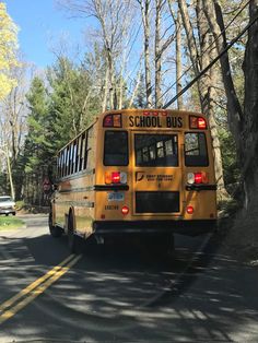 a school bus is driving down the street in front of some trees and other cars