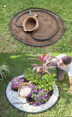 a man kneeling down in front of a flower bed with plants growing out of it