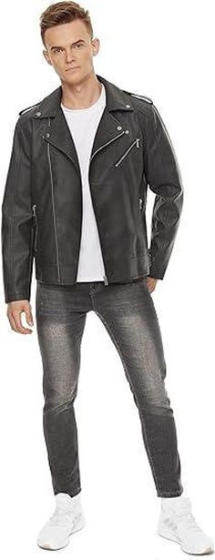 Material: The jacket is made of faux leather, offering a cruelty-free alternative to genuine leather while still maintaining a sleek, leather-like appearance. Style: It's a bomber jacket design, which generally includes a snug fit around the waist and cuffs, but it also incorporates biker jacket elements like a lapel collar and an asymmetric zip-up front. This design gives the jacket a unique, fashionable look. Features: Asymmetric Zip-Up: This refers to the zipper being slightly off-center, which is a common feature in biker jackets. It adds to the jacket's edgy, rebellious style. Lapel Collar: This type of collar adds a classic touch and is often associated with motorcycle jackets. Belt: The jacket likely includes a belt at the waist, which helps adjust the fit and adds to the biker aest Solid Leather Biker Jacket For Streetwear, Asymmetrical Zip Faux Leather Jacket, Faux Leather Jacket With Asymmetrical Zipper, Faux Leather Asymmetrical Zip Jacket, Faux Leather Biker Jacket With Zip Fly, Biker Style Faux Leather Jacket With Zip Fly, Solid Leather Jacket With Zipper Closure, Biker Faux Leather Outerwear With Asymmetrical Zip, Casual Faux Leather Biker Jacket With Zip Closure