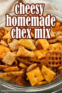 cheesy homemade chex mix in a glass bowl with the title overlay