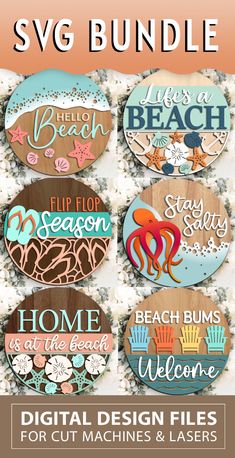 the svg bundle includes wooden signs, beach scenes and seashells for cut machines