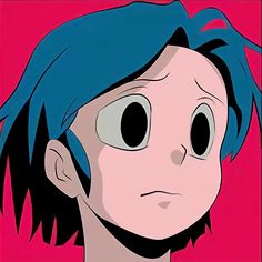 an animated image of a man with blue hair and black eyes, looking at the camera