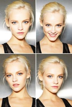 four different pictures of a woman with blonde hair and blue eyes, in black and white