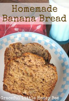 homemade banana bread on a plate with a glass of milk in the background and text overlay