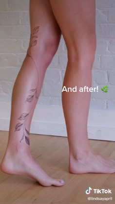 a woman's legs with tattoos on them and the caption reads, and after