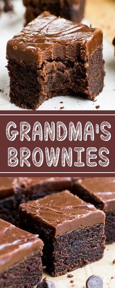 chocolate brownies with the words grandma's brownies in front of them on a table