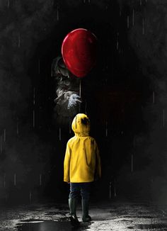 a person in yellow raincoat holding a red balloon while standing on wet ground with dark background