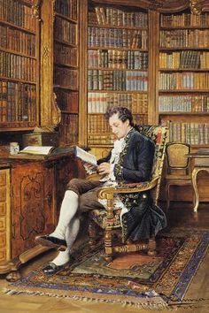 a painting of a man sitting at a desk in front of a bookshelf