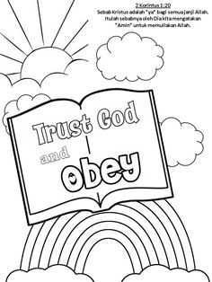 an open book with the words trust god and obey on it in front of a rainbow