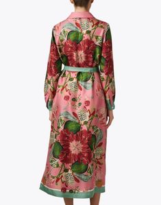 Intricately printed and expertly crafted, this dress from Franco Ferrari is perfect for the new season. The shirt silhouette is crafted from 100% silk and ties at the waist with a belt, defining the relaxed fit. Wear it with heels and a coordinating clutch in hues that complement the ornate floral motif. Chic Silk Belted Shirt Dress, Elegant Multicolor Belted Dresses, Elegant Belted Multicolor Dresses, Silk Dress With Belted Cuffs, Luxury Pink Midi Dress For Spring, Silk Midi Dress With Floral Print For Work, Luxury Silk Dress For Spring, Chic Silk Midi Dress With Tie Waist, Silk Shirt Dress With Floral Print For Daywear