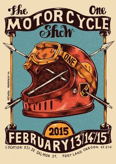 the motor cycle show poster with an old motorcycle helmet and two crossed swords on it