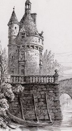 an old drawing of a castle with a bridge in the background