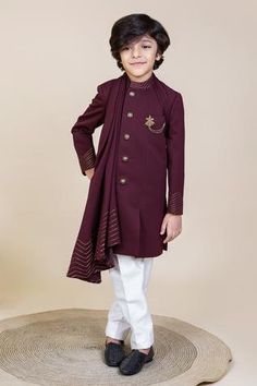 Shop for Little Boys Closet by Gunjan Khanijou White Draped Sherwani And Pants For Boys Online at Aza Fashions Kids Designer Outfits, Stylish Boy Clothes, Motifs Embroidery, Kids Indian Wear, Wedding Outfit For Boys, Kids Party Wear Dresses, Ethnic Wear Indian, Pants For Boys