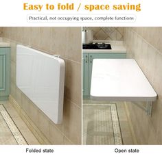 the wall folding table is next to a kitchen sink