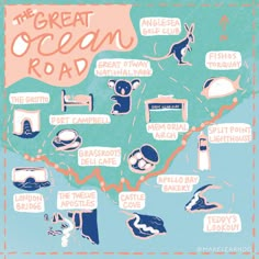 the great ocean road map is shown in pastel colors and features various types of animals