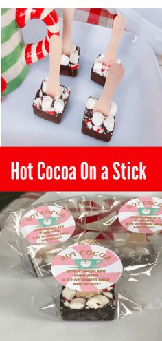 hot cocoa on a stick is shown in the middle of two pictures with candy and marshmallows