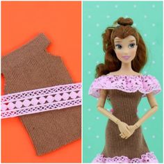 the doll is wearing a brown dress with pink trimmings and has her hands on her hips