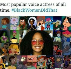 many different cartoon characters are shown in this image, including one woman with glasses and the other