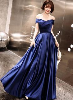 Blue Off Shoulder Prom Dress, Blue Satin Party Gown Prom Dress